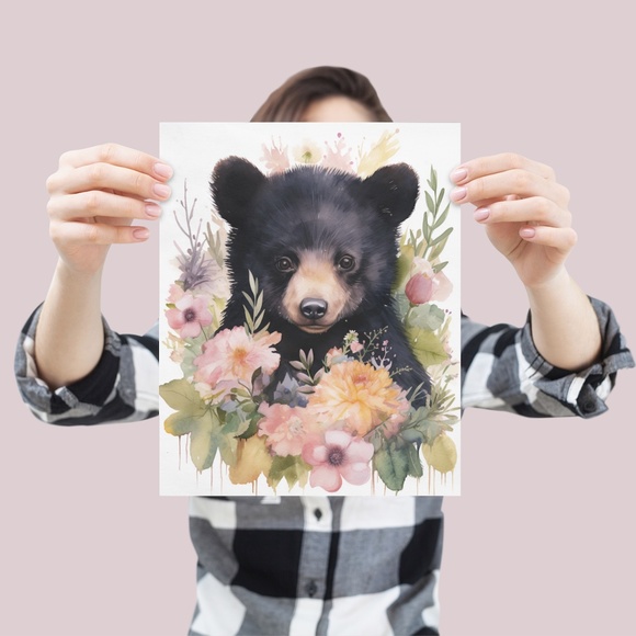 Watercolor Floral Black Bear Portrait Wall Art Illustration Print Unframed - Picture 4 of 5